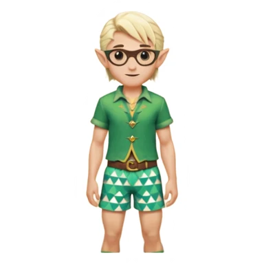 elf male legolas portrait, patterned board shorts (geometric/abstract), unique wooden-framed sunglasses, undercut hairstyle, slight smirk, visible pointy ears, no background, centered emoji, hipster summer vibe sticker