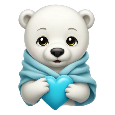 Baby polar bear in a blanket holding a heart sticker