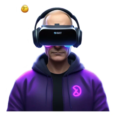 Putin wearing a black hoodie with "OMG" letters on it and VR headset oculus quest 2 in a cyberpunk VR environment with violet neon lighting. sticker