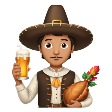 Mexican man dressesd as  Thanksgiving pilgram holding a large drumstick and Corona beer sticker