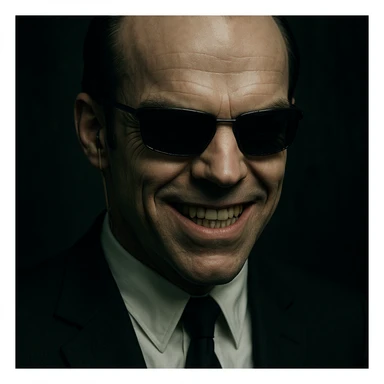 Agent Smith from The Matrix, close-up face with sunglasses and earpiece, menacing smile sticker