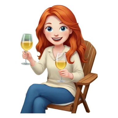 Laughing redhead with long hair and blue eyes holding chardonnay sitting in chair beside fire pit  sticker