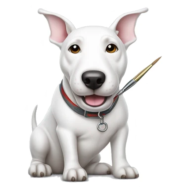 White bull terrier dog holding a paint brush  sticker