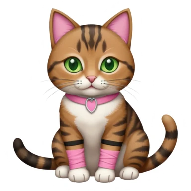 a  brown and black tabby cat, with a pink bandage on her front paw, realistic sticker
