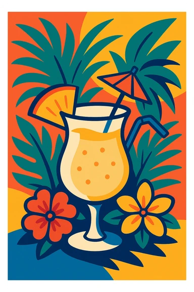 pina colada with palm leaves and tropical flowers, festive, colorful, party mood sticker
