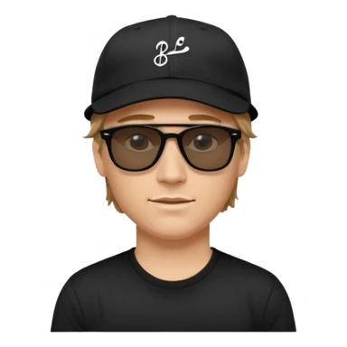 “Emoji of a white man with light brown hair under a black baseball cap, wearing a black t‑shirt and 1980s‑style black Ray‑Ban rectangle sunglasses, with black musical notes floating around his head, modern iOS emoji style. sticker