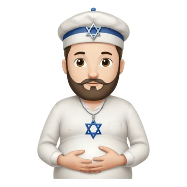 Pregnant Jewish man facing left with hands on belly, wearing a kippah and Star of David necklace, with facial hair sticker