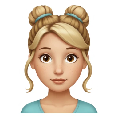 creative women with long dark Blond with highlights semi curly hair white women with hair in a top bun, oval shape face hazel eyes long lashes freckles on the nose high cheek bones sticker