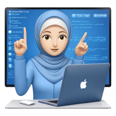 computer engineer with white hijab wearing blue outfit, pointing and gesturing at specific code elements and features on the large digital screen behind her, laptop in front of her, explaining particular parts of her metaverse creation in detail sticker