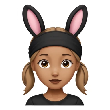 "A tan-skinned person with a high brown ponytail wearing a headband with black bunny ears. The character is dressed in a stylish black outfit. The emoji style should be cute, expressive, and modern — simple but detailed enough to show the ponytail, bunny ears, and outfit clearly." sticker