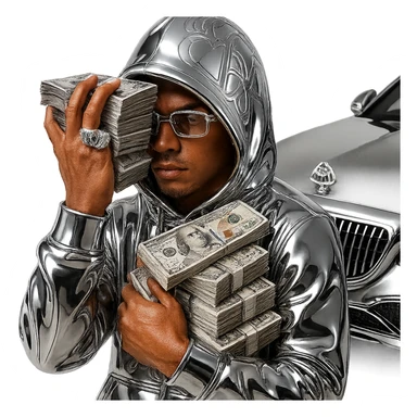 Create a chrome style icon version of the person in the reference image. Use a realistic light brown skin tone for the face and hands with natural facial features. The hoodie and clothing should be rendered in chrome style. Add Cartier glasses on the face. Replace the money with realistic, detailed US dollar bills. Place a Maybach car behind the person. The overall style should be bold and iconic, consistent with chrome style. sticker