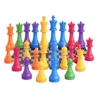 full chess set with all pieces as queens, each queen a different color of the rainbow, glossy finish, elegant sticker