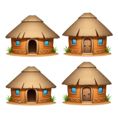 4 different African mud hut tribal houses, each unique, round adobe clay huts, thatched roofs, colorful tribal decorations, mobile game icon style, 3D cartoon, clean background, consistent lighting, consistent proportions sticker