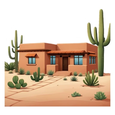 Tucson style house with adobe walls, flat roof, southwestern architecture, desert landscaping, cactus sticker