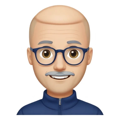 Caucasian man with skin fade haircut (bald on sides fading to short on top), short beard with gray streaks, large black eyeglasses, cheerful expression, navy blue long sleeve sweatshirt with quarter zip sticker