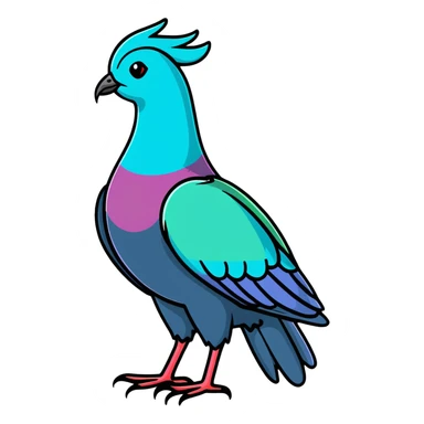 Nicobar pigeon with colorful iridescent plumage, distinctive long neck feathers, and white tail sticker