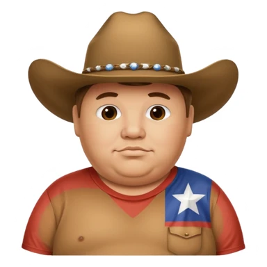 An obese man with a cowboy hat and Texas flag t-shirt sticker