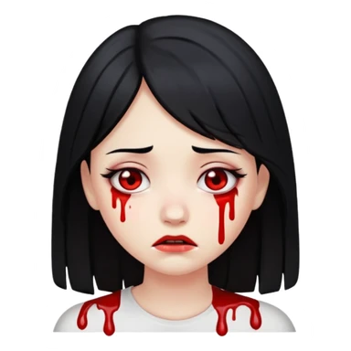 pale girl with black hair, blood tears, sad expression, emoji style sticker