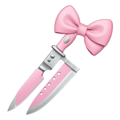 Cute emoji style illustration of a kitchen knife with a pink bow tied directly around the handle of the knife, not floating, not separate, kawaii style, rounded shapes, pastel colors, friendly look, flat vector design, white or transparent background, simple emoji icon sticker