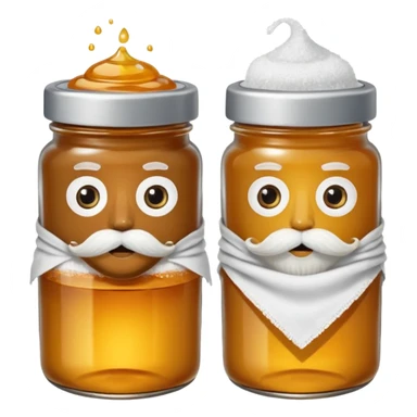Garama and Madundung are together a gray container of salt and a honey container with a cloth on top. They each have eyes with white in the middle, a mouth, nose, and mustache both customary to their colors. They have hairy legs and emit an aura of salt (Garama), and honey (Madundung). sticker