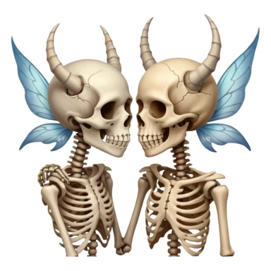 A skeleton woman with distressed fairy wings kissing a Skelton man with horns.  sticker