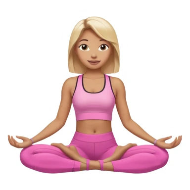 Mujer color de piel moreno claro con cabello rubio suelto y lacio, que tenga gloss en los labios y se vea usando Blush rosita, usando un top rosa deportivo y leggins deportivo rosa en una pose de yoga, viendo hacia enfrente con ojos negros y sonriendo sin mostrar los dientes sticker