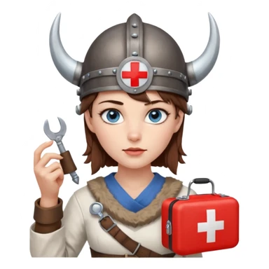 A young woman with beautiful blue eyes, short brown hair shaved on the sides, giving her a Viking look and a horned helmet. She holds a medical kit with a red cross icon in her hand. A stereoscope hangs around her neck. sticker