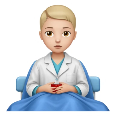 A nine year old girl that is wearing a hospital bed coat that has a buzz cut and her nose is bleeding sticker