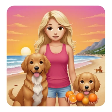 20 year old white girl with tanned summer skin, long wavy blonde hair with brunette highlights, brown eyebrows, middle part, wearing a red tank top, standing with an English golden retriever, beach sunset background with pinks and oranges sticker