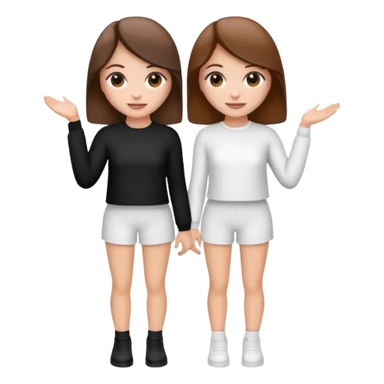 👯‍♀️ generate this emoji, as two white girls, bffs, the same pose but maybe the outfit cuter. we are models. both with brown hair. one girl in white outfit, the other in black sticker