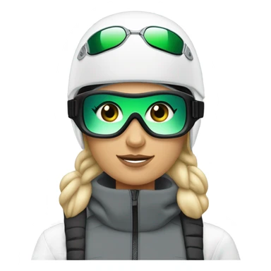 Green-eyed, fat female skier with medium-length straight blonde hair no curls, snow goggles on top of helmet, white ski helmet, gray snow jacket, green ski gloves, long black pants rolled up at the bottom, black only snow boots standing tall. sticker
