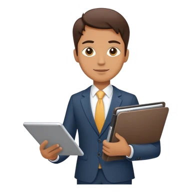 A flat-style illustration of a business executive confidently, holding a digital tablet or folder. The character wears smart business attire sticker