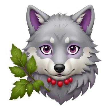 A wolf with lilac gray eyes and holding a weirwood leaf sticker