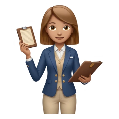 confident female character with straight light brown hair just below shoulders, smiling, academic-inspired outfit smart blazer or vest, light blouse, comfortable pants, standing like quest guide or mentor, holding scroll or digital tablet sticker