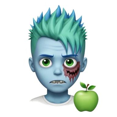 zombie boy with blue-tinted spiky hair, white shirt, cartoonish green face, apple emoji style sticker