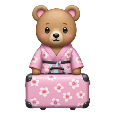 A cute light-brown bear wearing a pastel pink sakura-patterned kimono, normal balanced body ratio.  
Pulling a small suitcase with cheerful excited eyes, backpack on the back, ready for a trip.  
Kawaii emoji style, minimalistic clean sticker illustration, white background. sticker