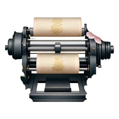 An old-fashioned letterpress printing studio, where stacks of aged parchment are printed with delicate golden floral motifs of soft pink roses and white peonies, as pearl butterflies rest gently on the warm paper.
 sticker