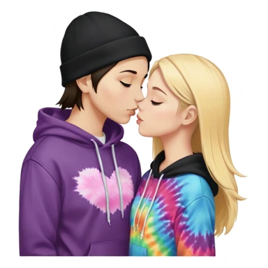 Short brunette haired white girl in a hoodie and a black beanie kissing a tall short long blonde haired girl wearing a black beanie and a tiedye hoodie sticker
