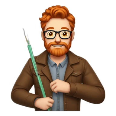Red smooth haired man with beard and glasses making a saddle with needle and thread sticker