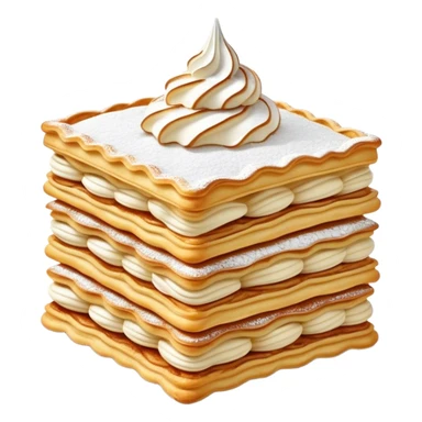 Cinematic Realistic Mille-Feuille Dessert Emoji, depicted as layered puff pastry with rich cream and a dusting of powdered sugar rendered with intricate textures and elegant, soft lighting. sticker