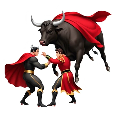 ​Cinematic Realistic black charging bull, against a matador depicted in a flowing red cape, captured in the dramatic moment of confronting a charging bull in a traditional bullring, rendered with dynamic motion and dramatic lighting that encapsulates the intensity and artistry of the spectacle, sticker