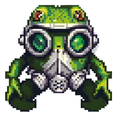 a frog wearing a gas mask, lurking in the shadows like a stalker sticker