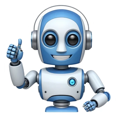 A blue and white robot smiling and winking with one eye, making a thumbs-up sign with one hand. sticker