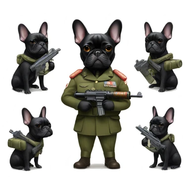 black french bulldog in military uniform with a machine gun sticker