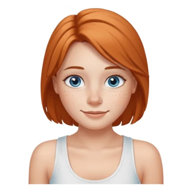 Una chica de tez blanca con pecas, nariz respingada, labios gruesos, ojos grandes color azul grisáceo, pelo largo, lacio, color avellana. Con una blusa de tirantes blanca. Que este sonriendo y q solo se vea de la cintura hacía arriba sticker