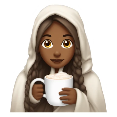 brownskin girl with long straight hair wrapped in a cozy white blanket holding a mug of steaming hot cocoa sticker