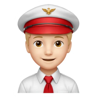 A Soviet pioneer emoji — smiling young boy wearing a white shirt with a bright red pioneer necktie and a classic red pilotka cap. not a cowboy hat. Flat, smooth 3D shading sticker