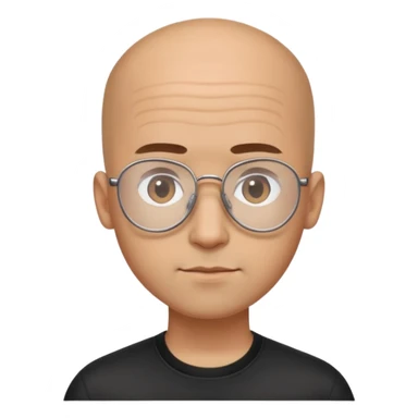 Man with small oval face and big forehead, aviator-style glasses, completely bald/shaved sides with very short curly dark hair only on top of head, neutral-friendly expression, light brown skin, wearing a black shirt sticker