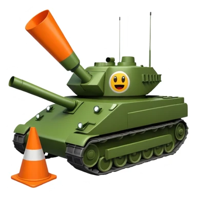 green military tank crushing a traffic cone with a cartoon face under its treads, emoji style sticker