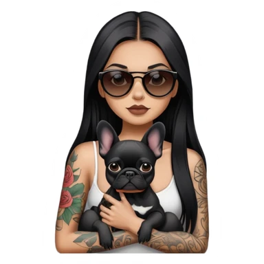 girl with long black  straight hair and tattoos and Wearing sunglasses and a black French bulldog sticker